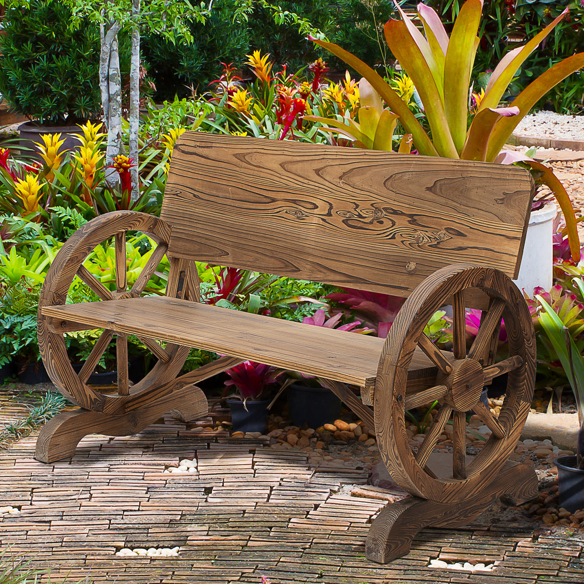 2-Seater Solid Wood Garden Bench with Armrest, Bench with Wagon Wheel Design, Garden Furniture 250kg Capacity (2)