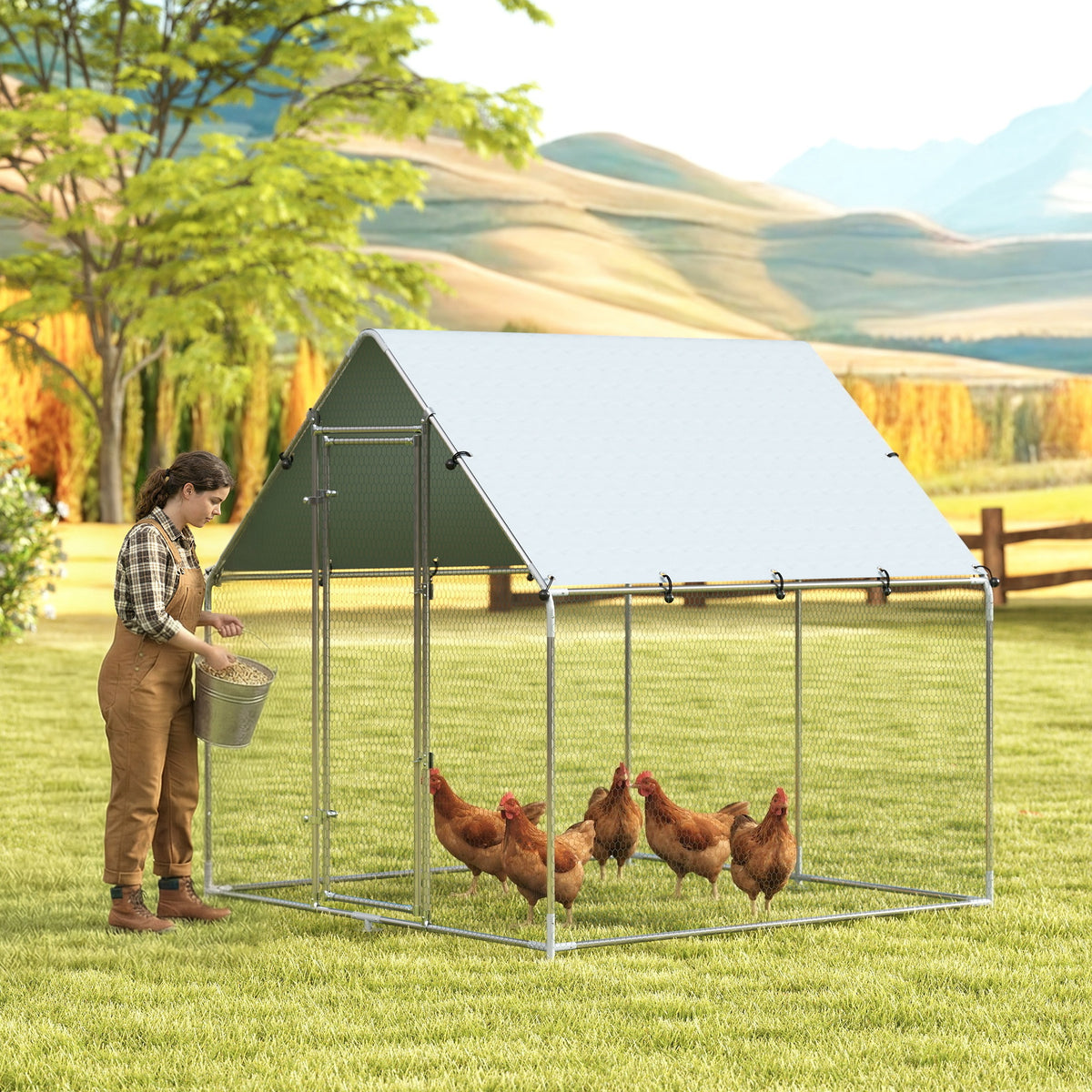 Walk-in enclosure galvanized steel chicken coop with weather-resistant UV roof cover lockable door 2x2x2 m (2)