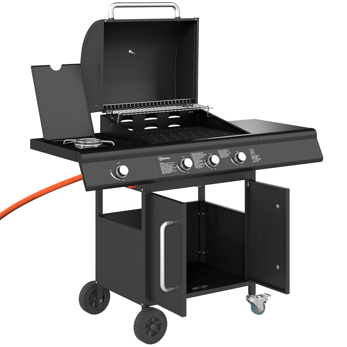 Mobile gas grill with storage space, side table, side burner, warming rack, thermometer, stainless steel, black