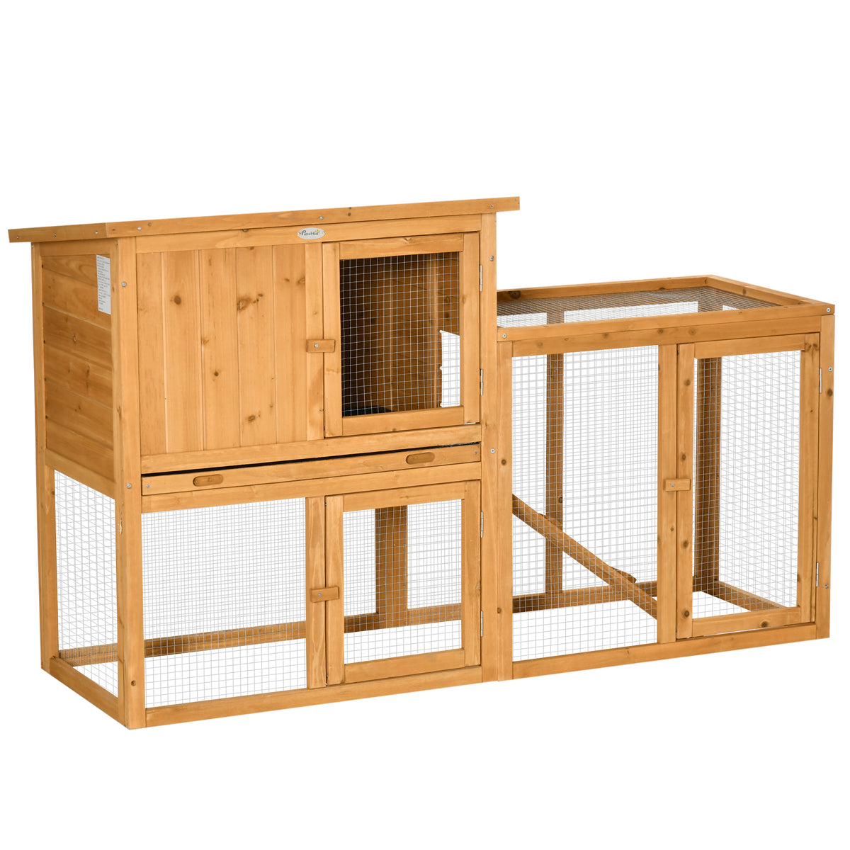 Small animal hutch with outdoor run, removable base tray, weatherproof, 141 cm x 60 cm x 86 cm, brown