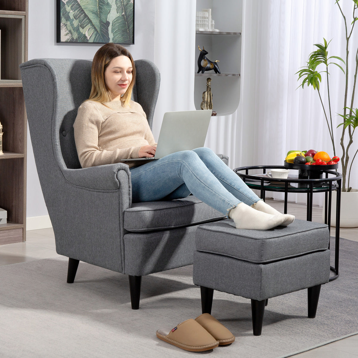 Wingback chair with ottoman, upholstered armchair with rubberwood legs, fabric cover, gray (2)