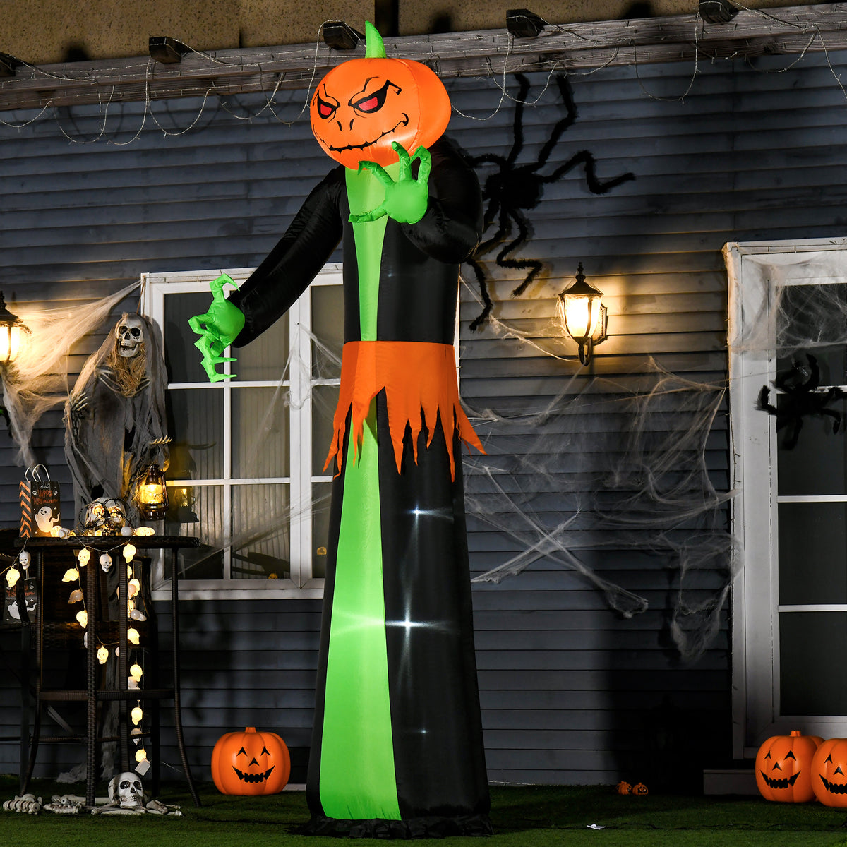 Halloween ghost with LED lights, self-inflating, incl. blower, 100 cm x 96 cm x 270 cm, green + yellow + black (2)