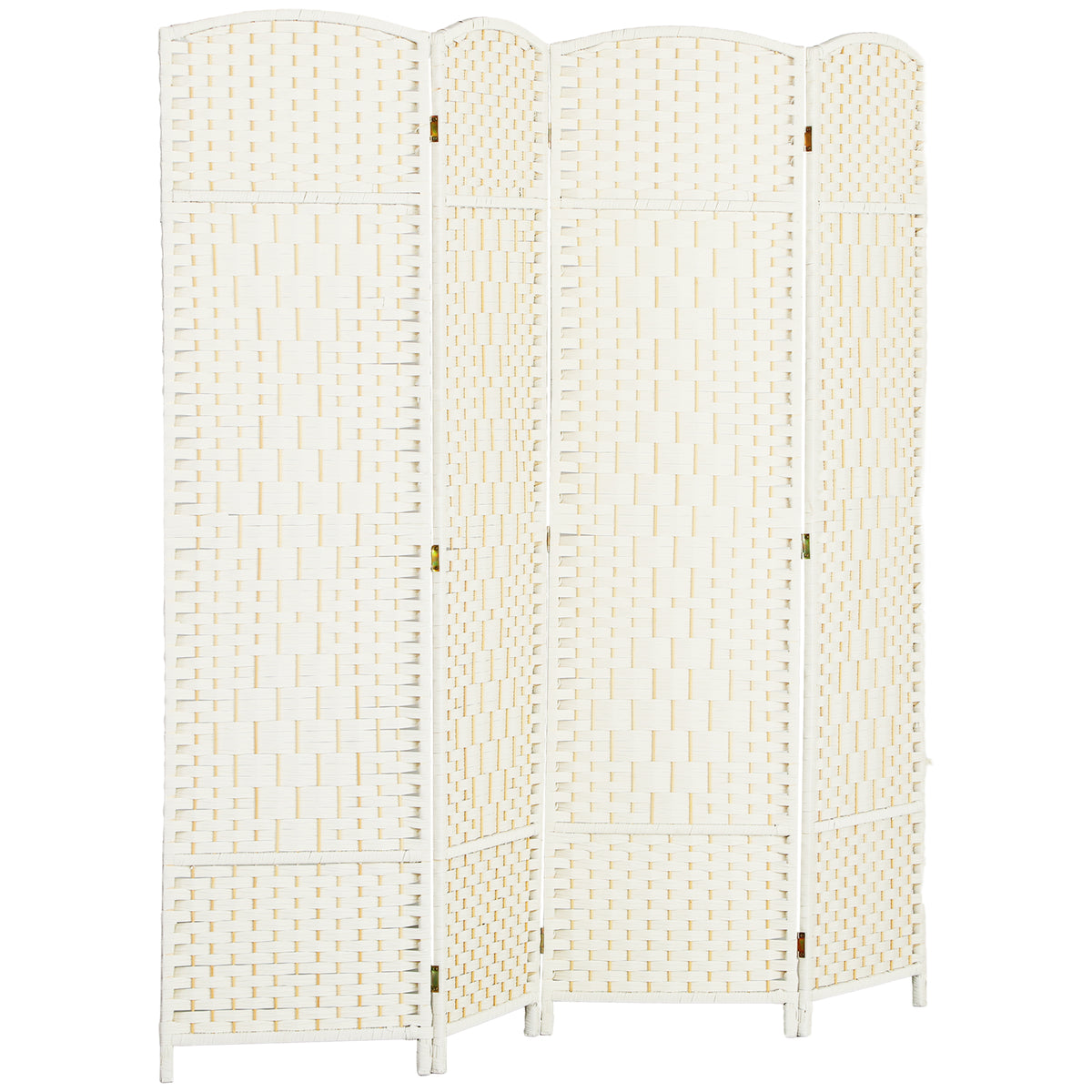 Room divider, 4-panel foldable partition, woven pattern, pinewood, white
