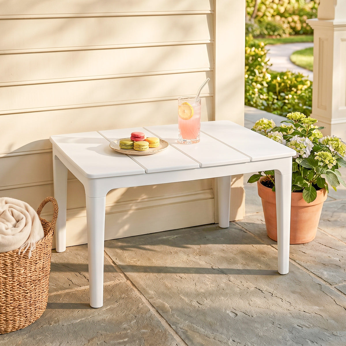 Side table 70 x 53cm weatherproof plastic garden table rectangular balcony table 35kg load capacity cream white (2)