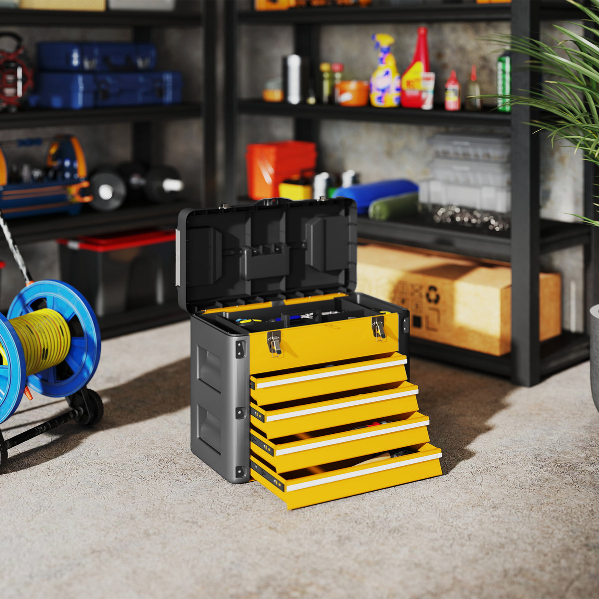 Toolbox empty, 49.7 x 25.3 x 40.7 cm tool chest with 4 drawers, mini-box steel yellow (2)