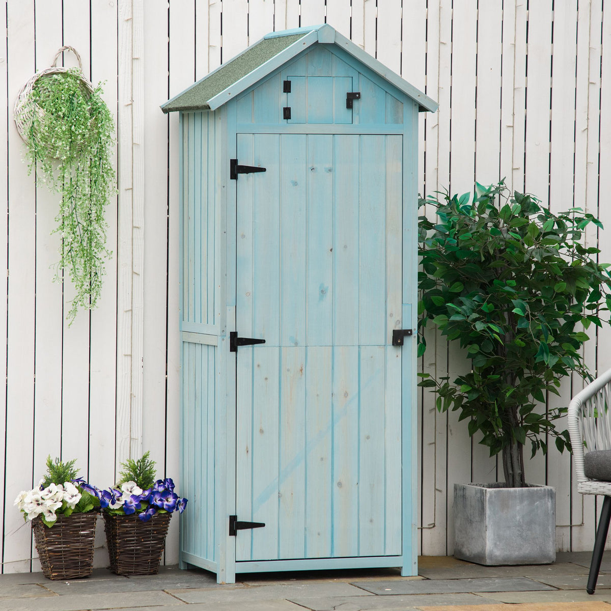 Wooden garden cabinet, weatherproof tool shed 77x54.2x179cm, tool house with door, gable roof, storage cabinet (2)