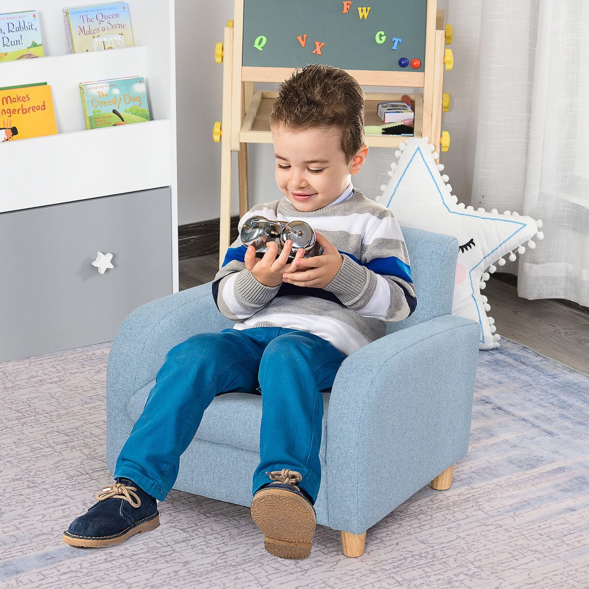Children's armchair, children's sofa with linen look, solid wooden feet, foam armchair, children's chair for (2)