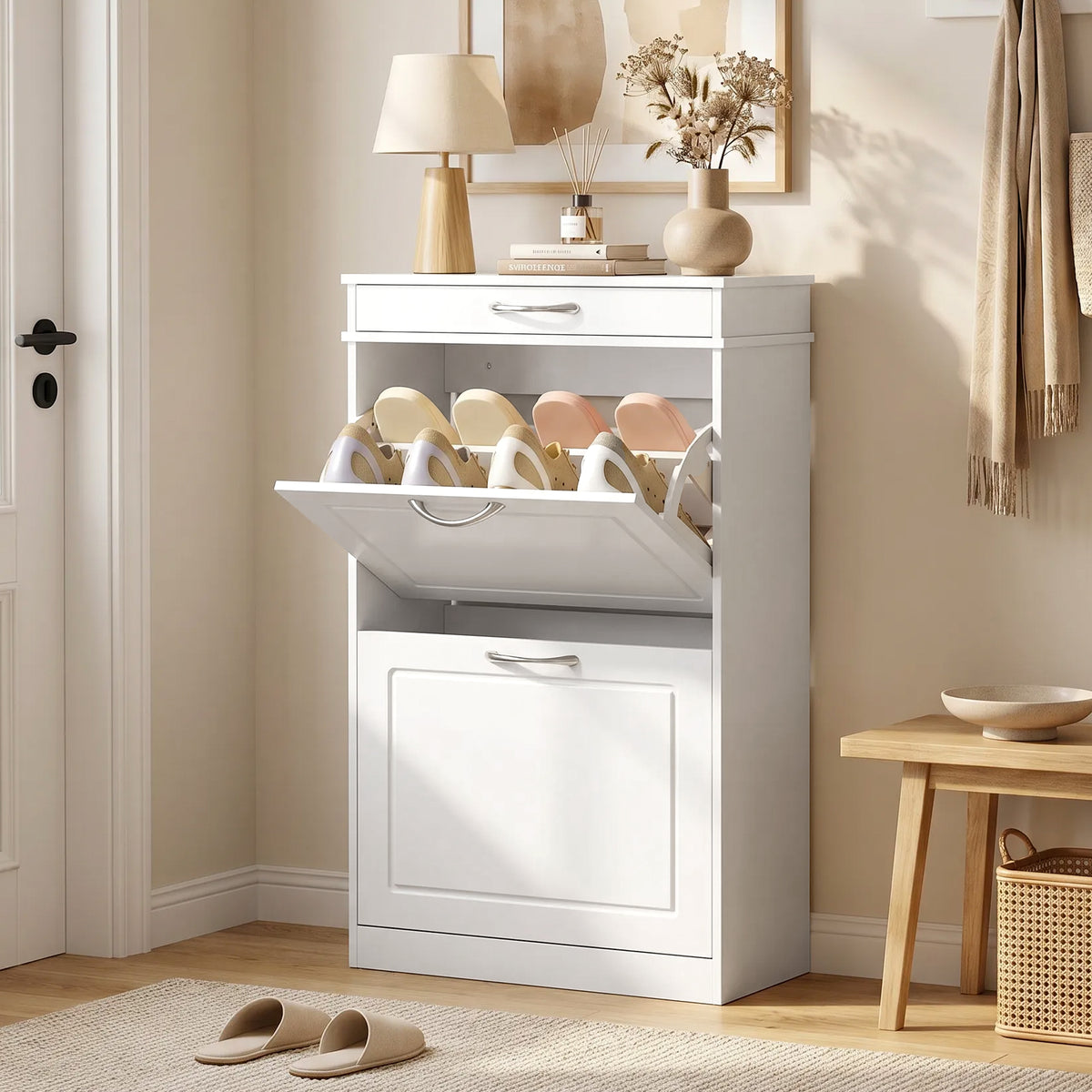 Shoe cabinet with 2 flap doors, slim shoe tipper, shoe rack with drawer and adjustable dividers, for 8 pairs of (2)