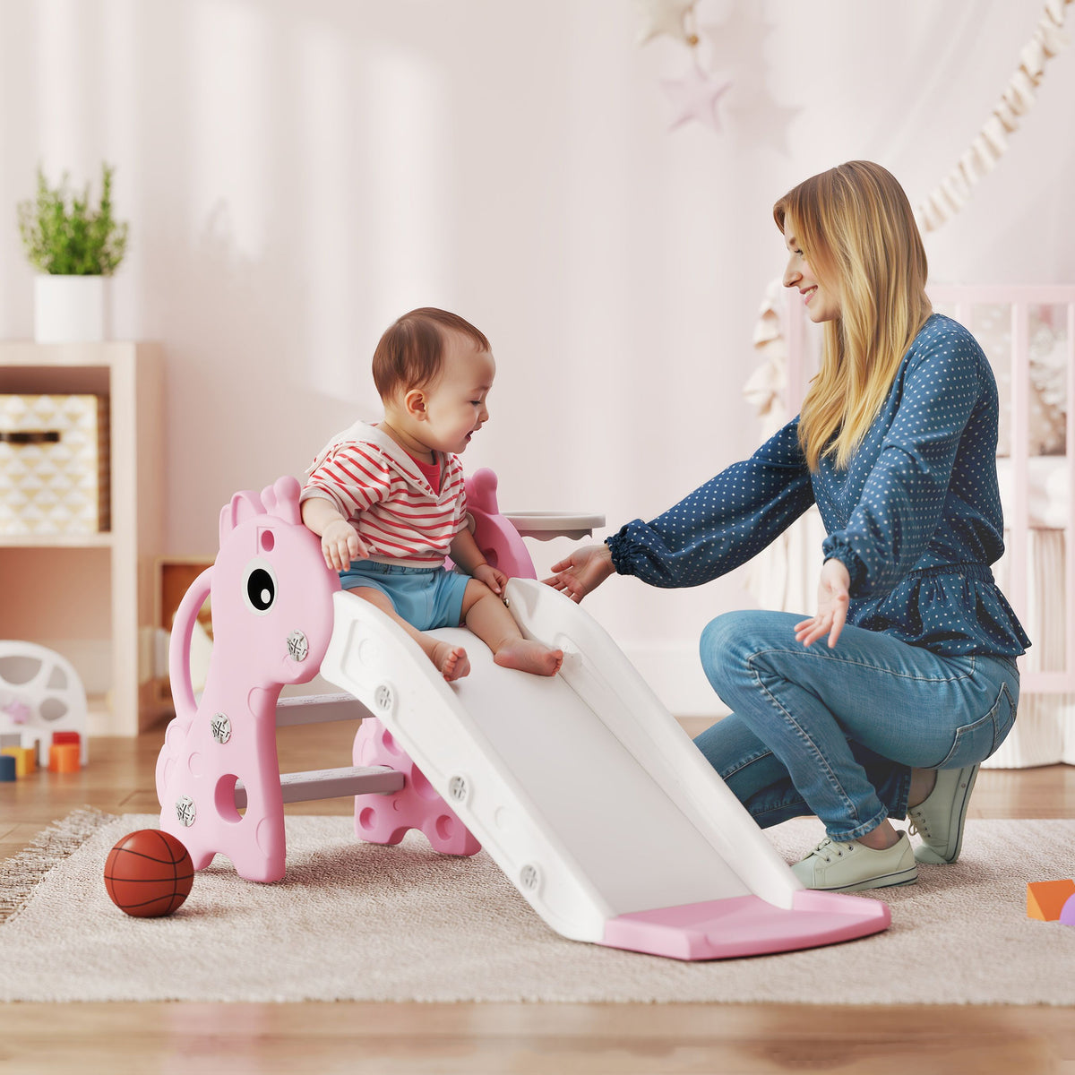 3-in-1 children's slide, giraffe design, basketball hoop, ball, pink (2)