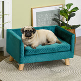 Velvet dog sofa, dog bed, dog couch with backrest, wooden legs, cushion, up to 8 kg, 64 x 45 x 36 cm, blue (2)