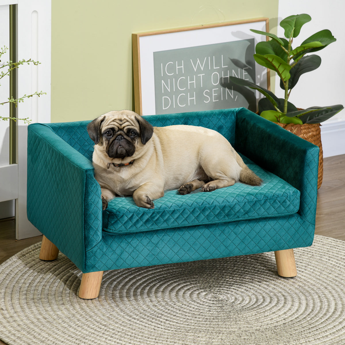 Velvet dog sofa, dog bed, dog couch with backrest, wooden legs, cushion, up to 8 kg, 64 x 45 x 36 cm, blue (2)