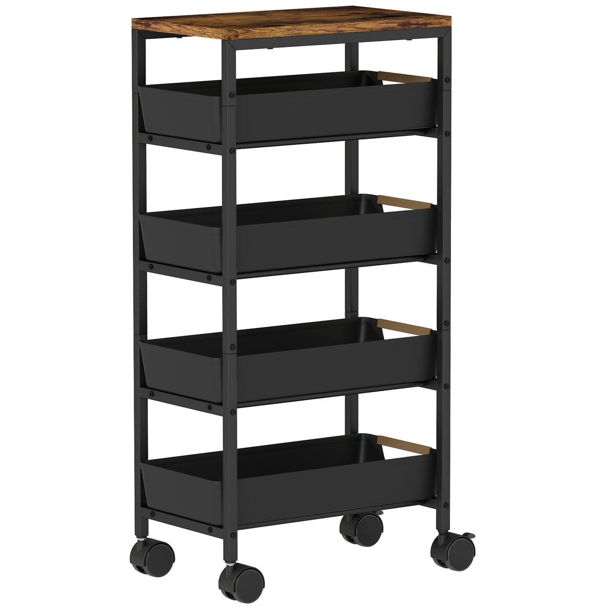 5-tier kitchen trolley, wood look, rolling, metal frame, 4 drawers, black