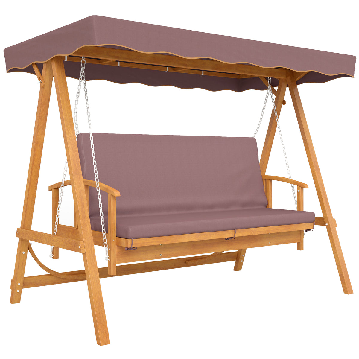 Porch swing with canopy, real wood garden swing, swing bench with reclining function, for 3 people, brown