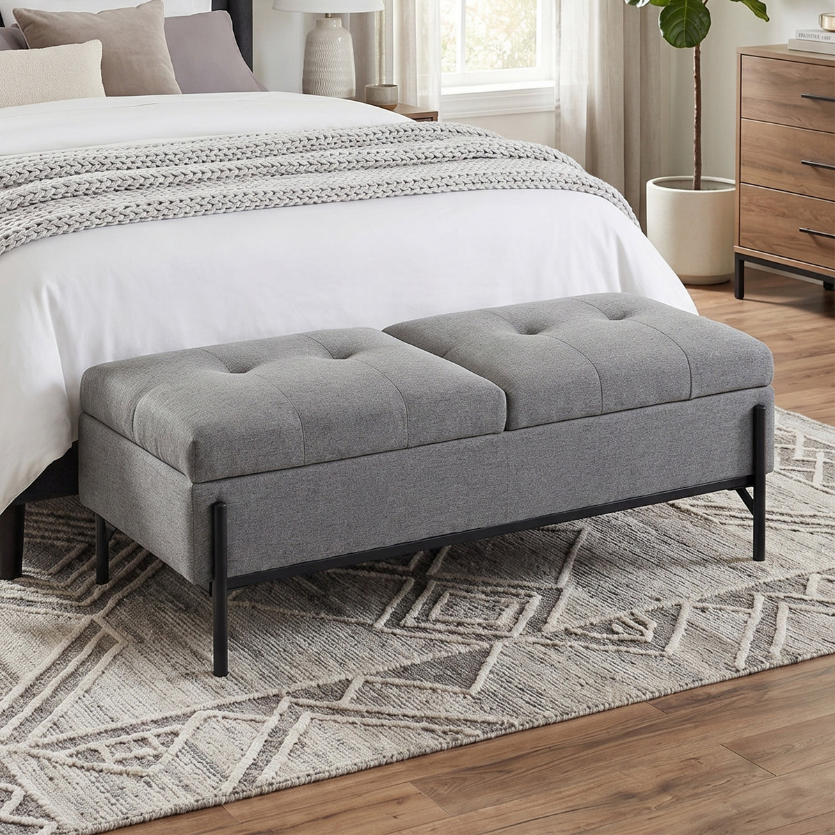 Linen storage bench, bed bench with 2 compartments, hinged lids and extra-thick padding, 117 x 50 x 44 cm (2)