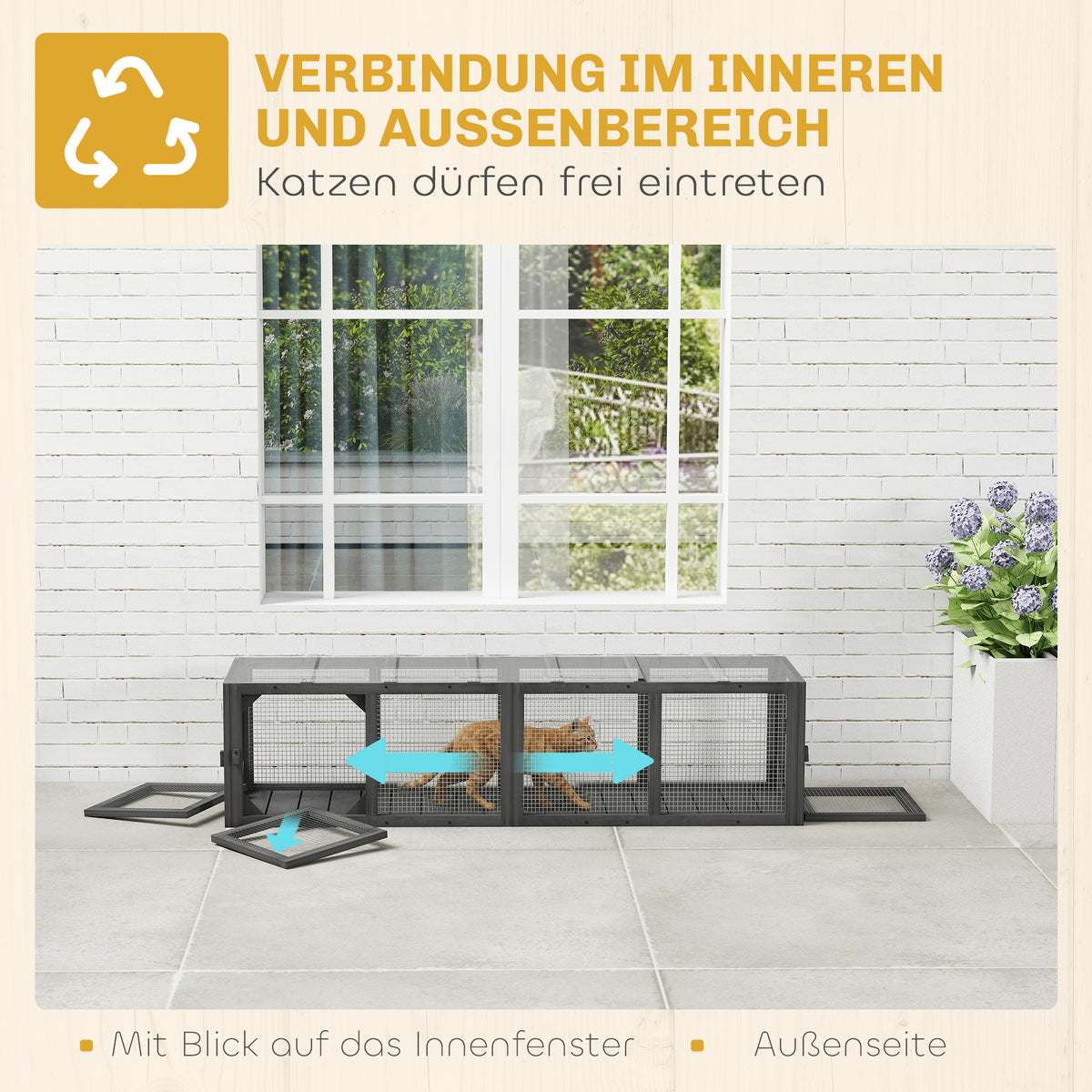 Cat tunnel, wooden cat toy with 3 doors, expandable play tunnel for cats up to 10 kg, 151.5 x 38.5 cm grey (4)