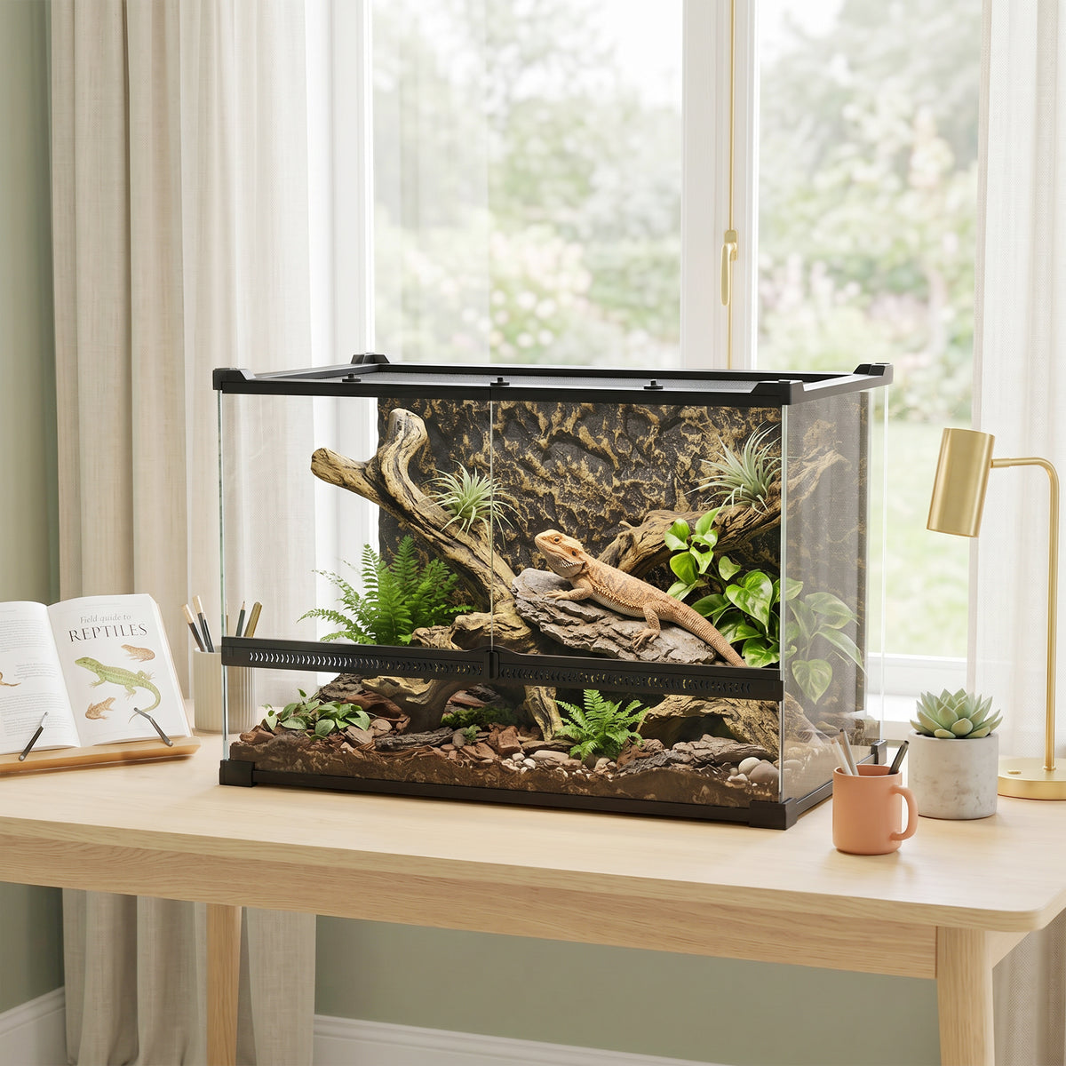 Reptile Terrarium Glass Terrarium 48L with Front Ventilation, Stone Background, Twist Lock, 50 x 30 x 35 cm (2)