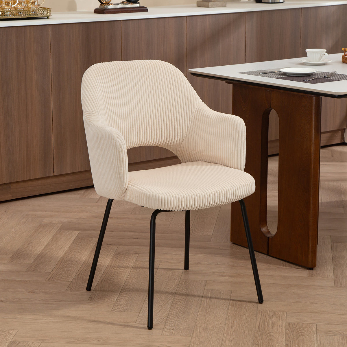 Dining chair, corduroy cover, shell shape, metal legs, floor protectors, beige (2)