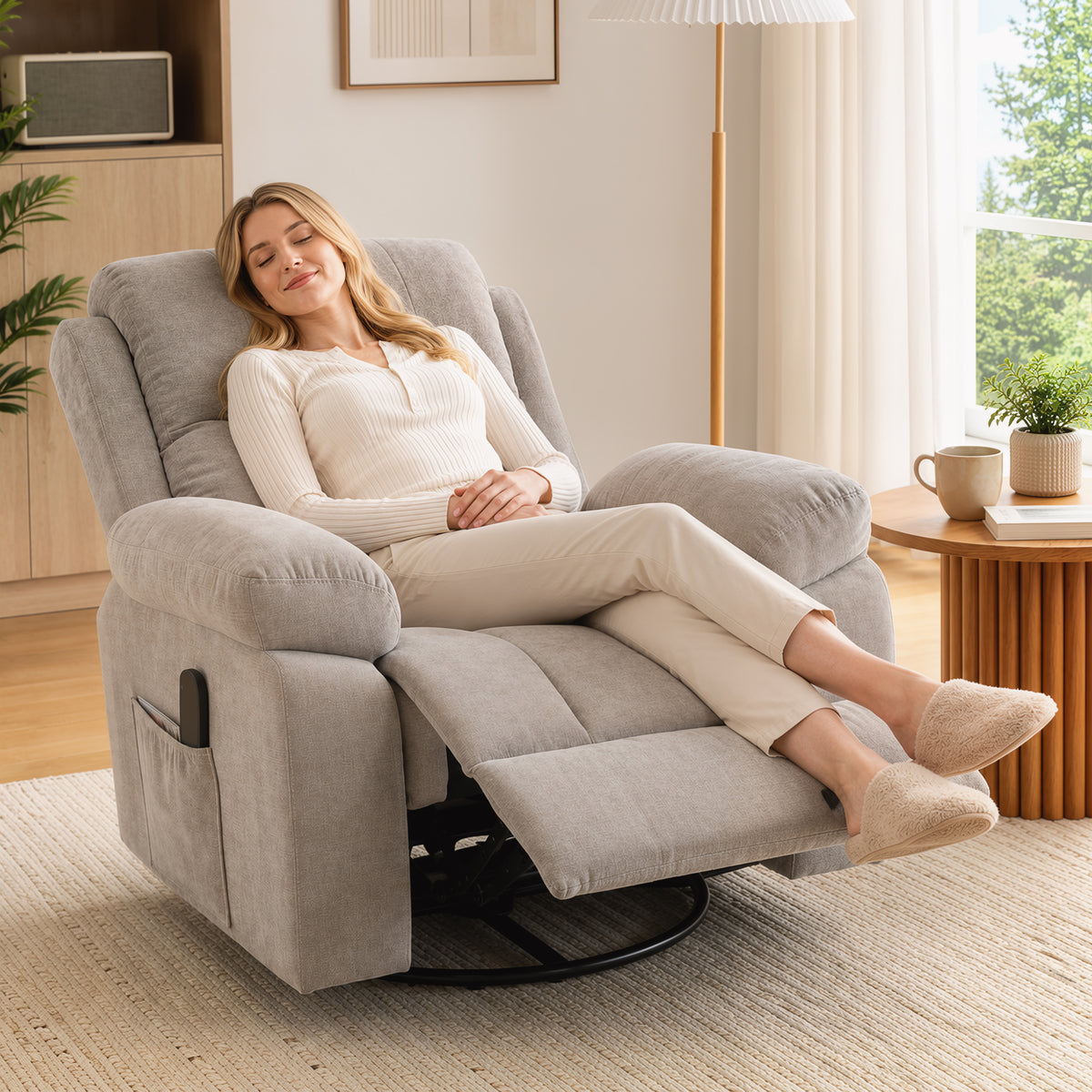 Recliner Armchair TV Chair 360° Swivel Massage Chair with Heat, Massage, Chenille Look, Beige (2)