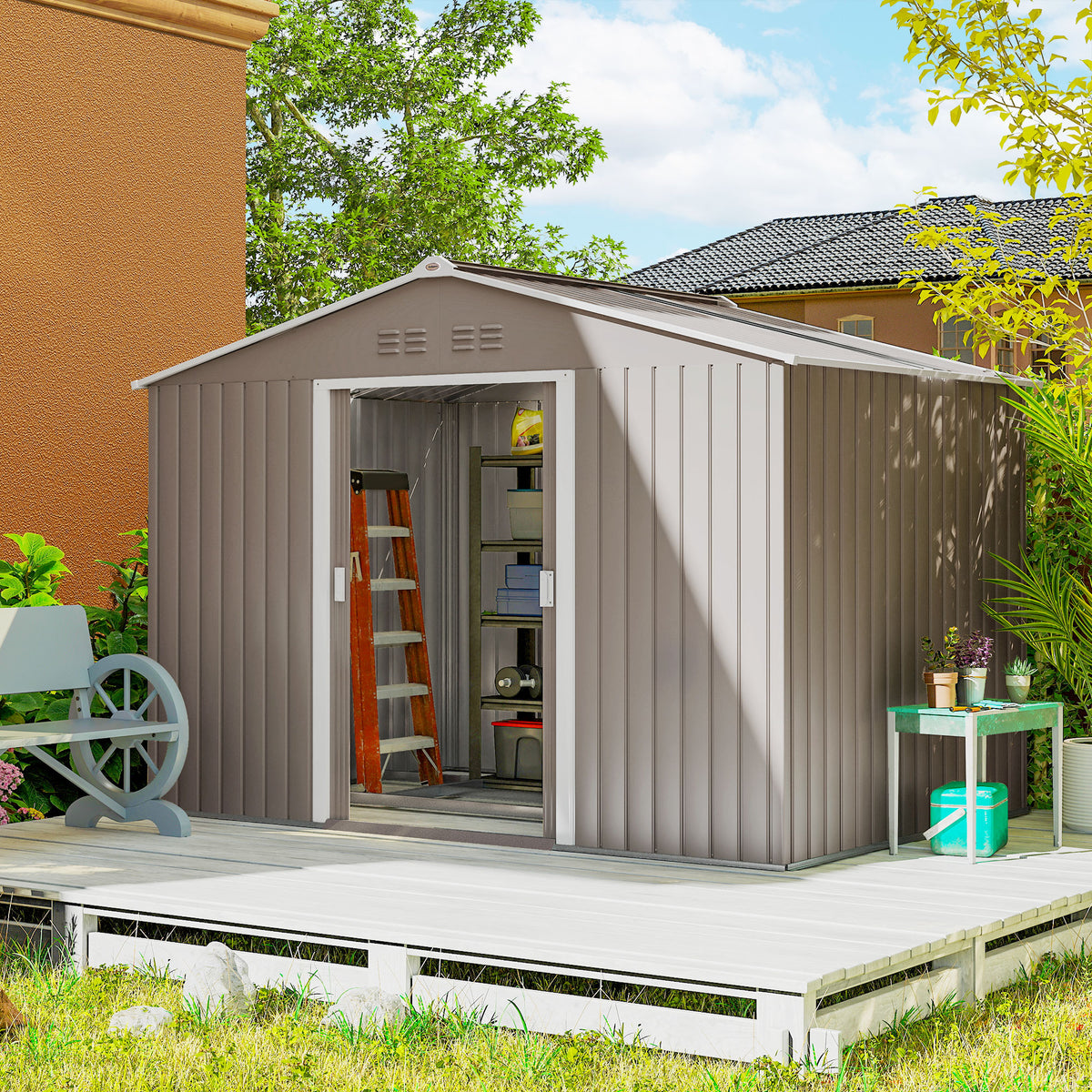 Metal garden shed with sliding doors and ventilation windows, 277 x 195 x 192 cm, light gray (2)