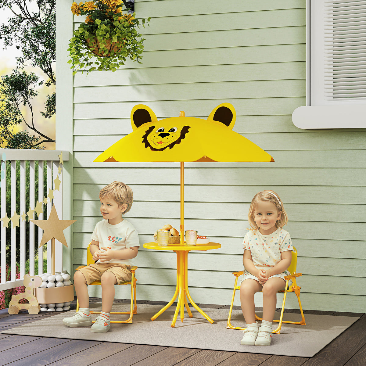 Children's garden furniture set, chairs, table, parasol, lion design, yellow (2)
