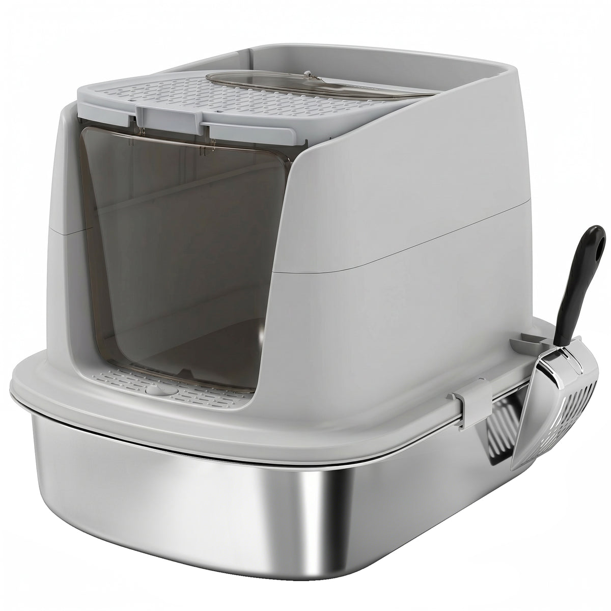 Stainless steel litter box, enclosed litter box with scoop, odor bags, entry and exit