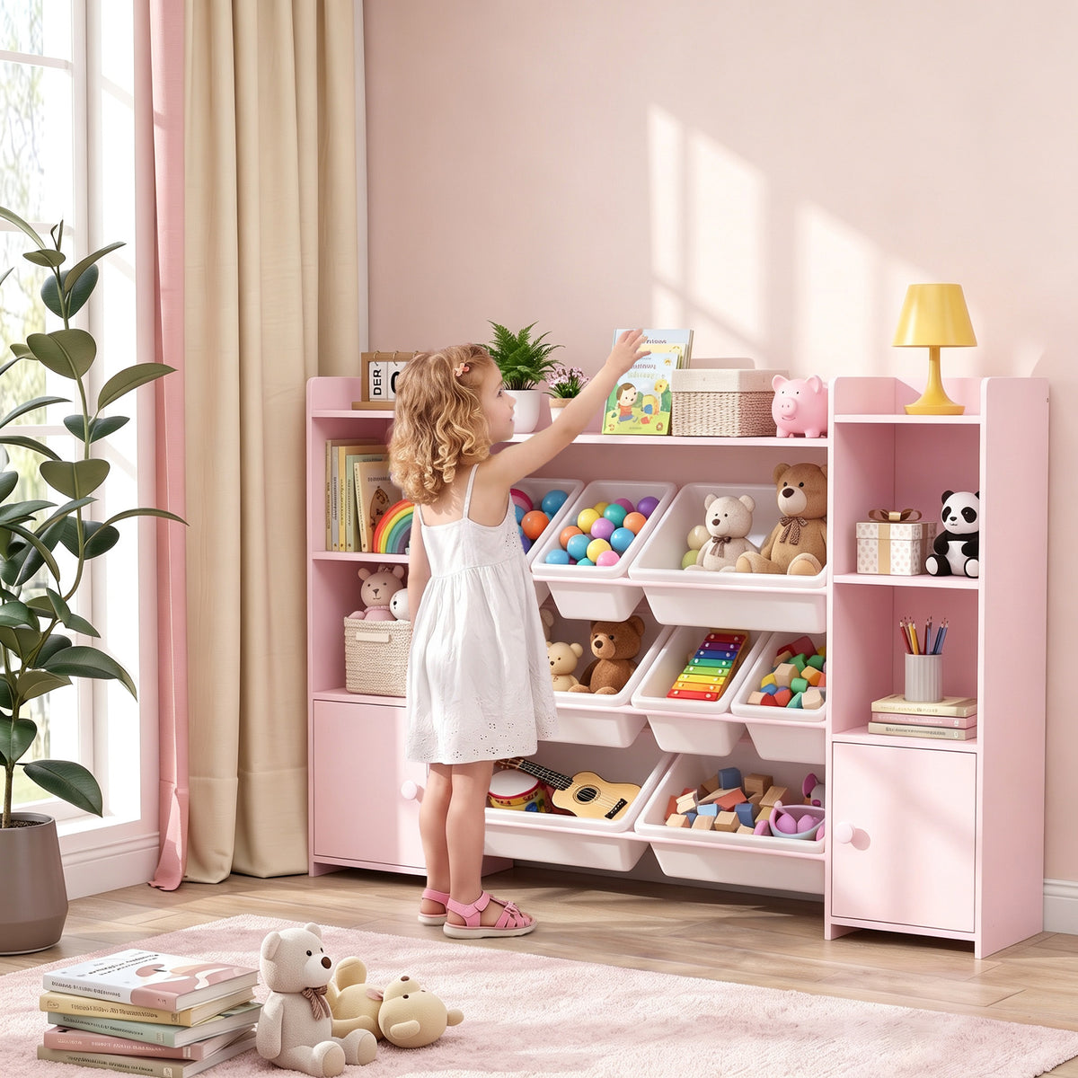 Children's storage shelf, shelf for toys and books, for organized tidying, 8 removable boxes, pink (2)