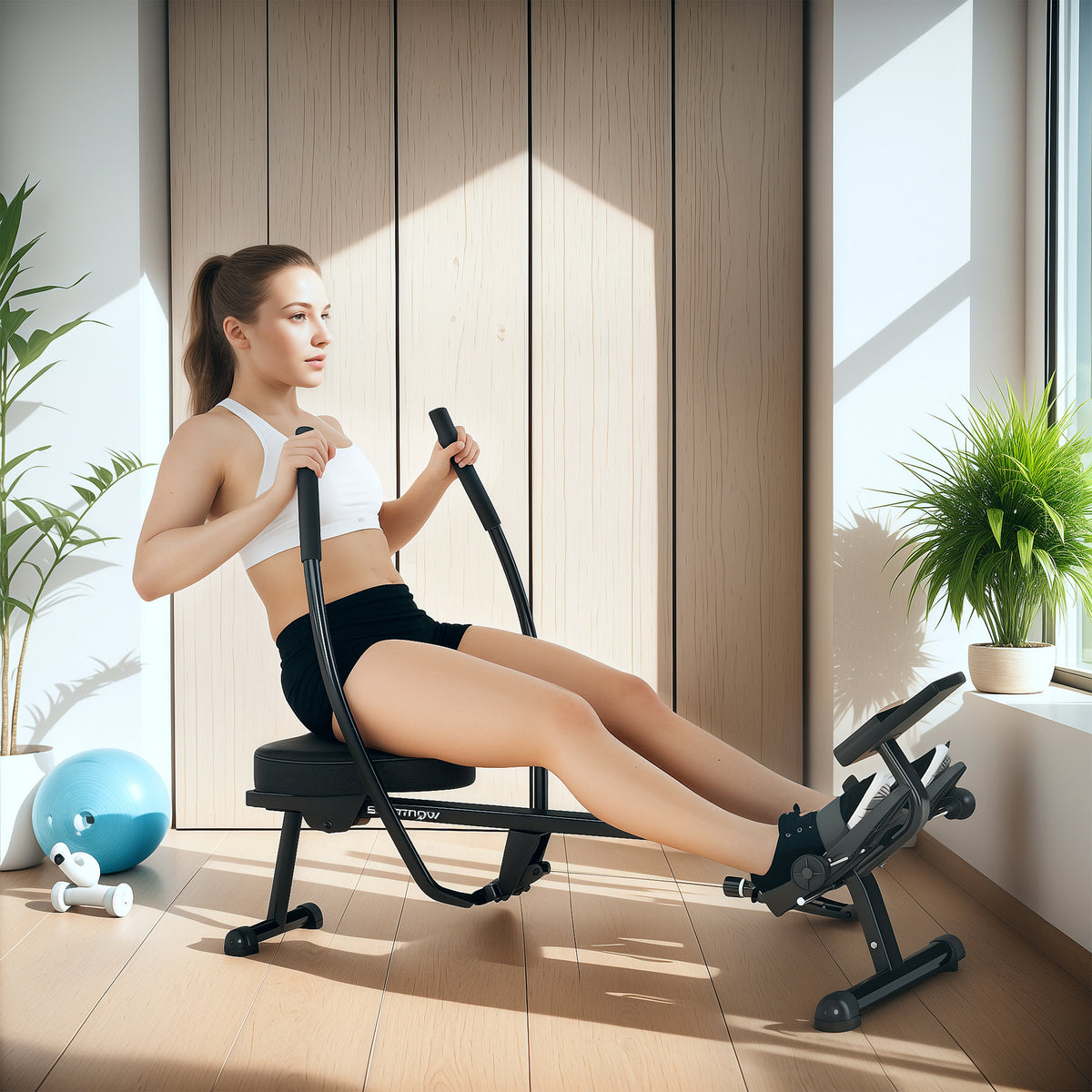 Hydraulic rowing machine for home use with 12 resistance levels, LCD screen, and non-slip pedals, max. 130 kg (2)