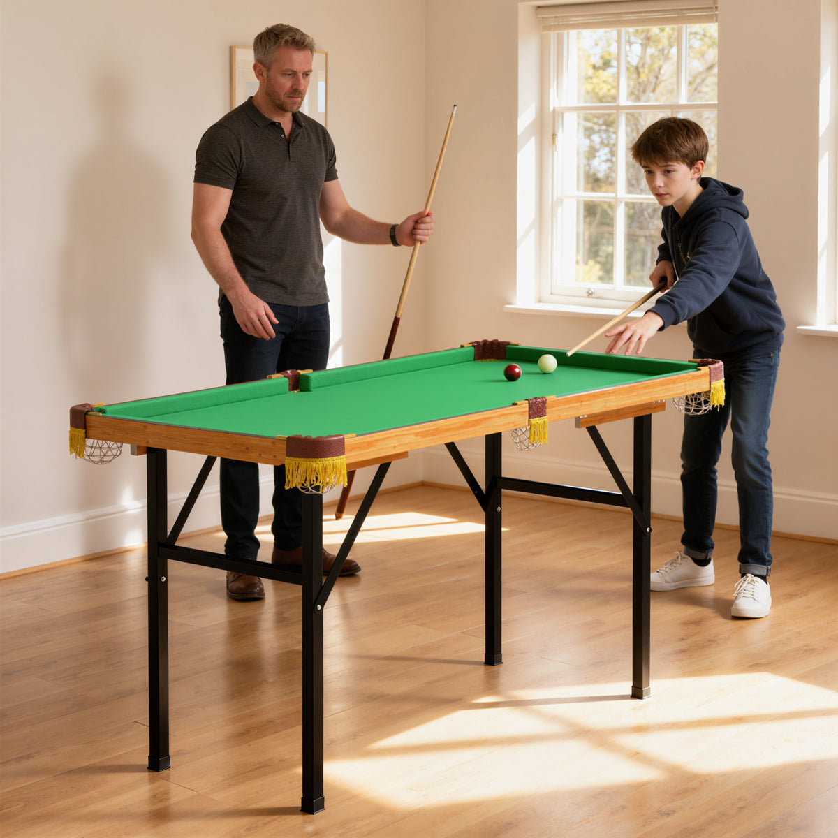 Foldable pool table, mini pool table, 2 cues, 16 balls, triangle, brush, green (2)