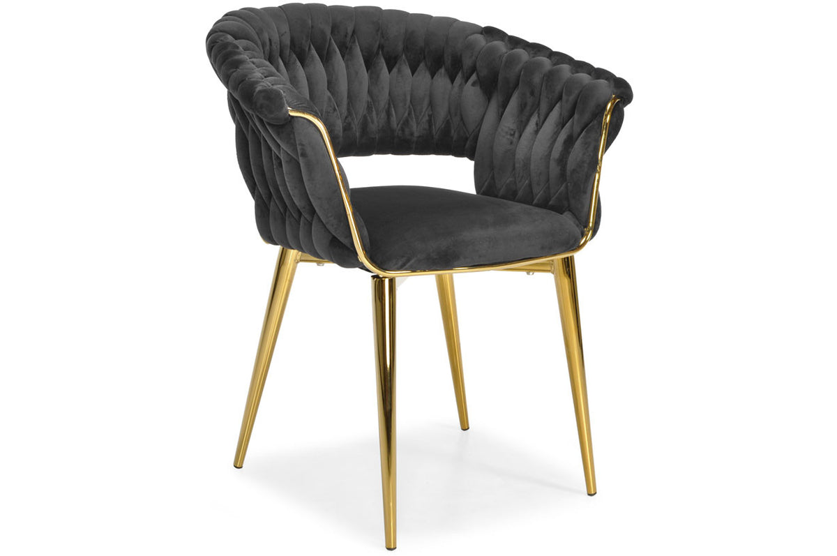 Gepolsterter Samtstuhl für Wohnzimmer und Esszimmer, Schwarz, goldene Beine, geflochten