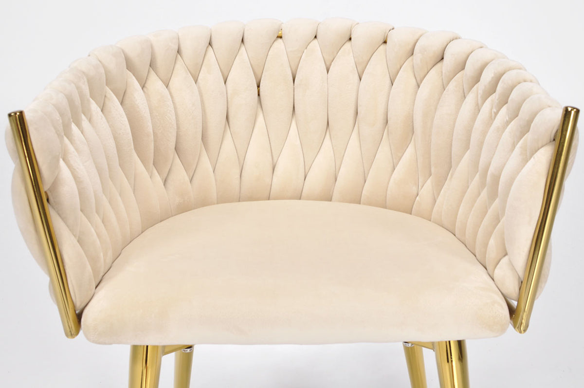 Samtstuhl GLAMOUR – BEIGE, goldene Beine, geflochten, modern – Produktabbildung 4