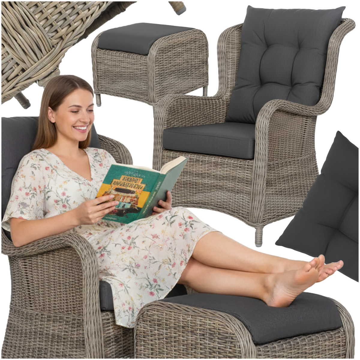 Sonata-Terrassensessel mit Fußhocker und Kissen – graues Polyrattan