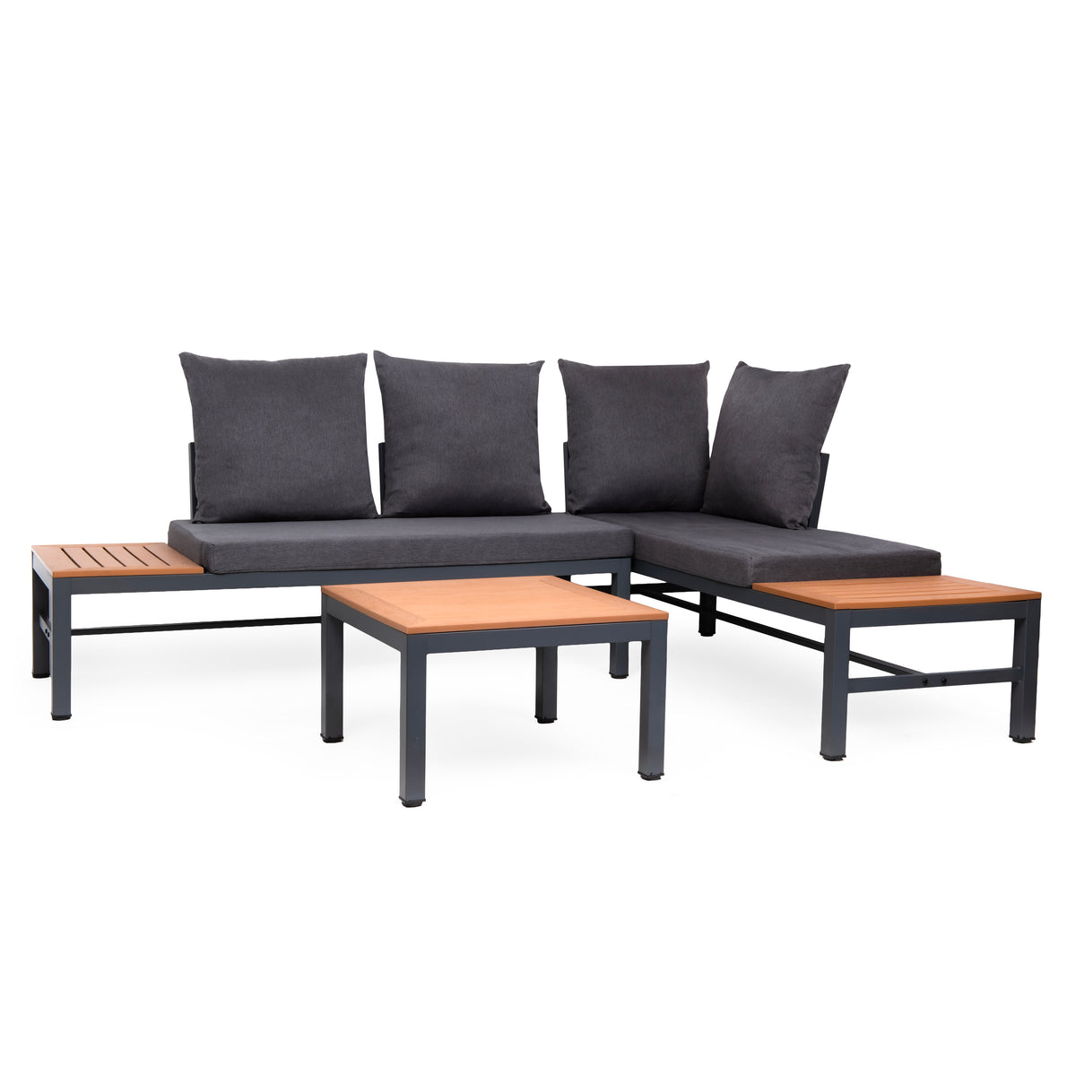 LAGOS Outdoor-Ecksofa mit Chaiselongue-Funktion – modulares Gartenmöbel-Set, Grau + Couchtisch + Kissen – Produktabbildung 9