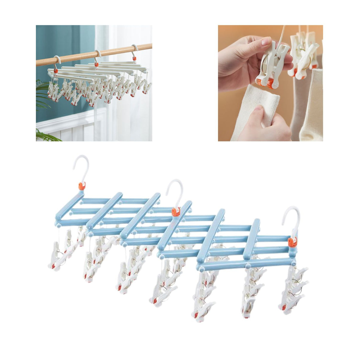 Praktischer faltbarer Kleiderbügel mit Clips, 29 Clips, hellblau – Produktabbildung 2