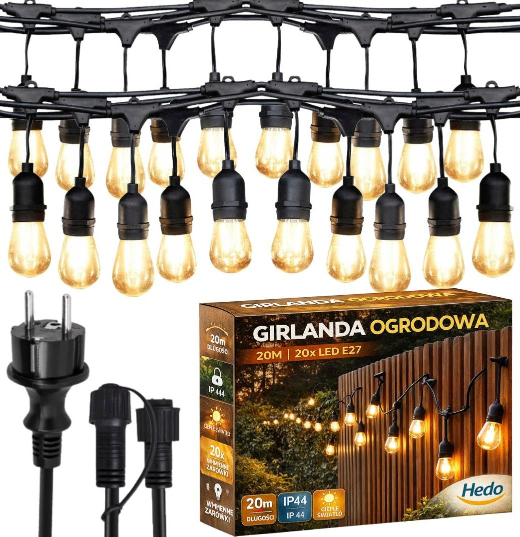 Garten-Lichterkette 20 m, 20 LED-Glühbirnen, Netzbetrieb, wasserdicht