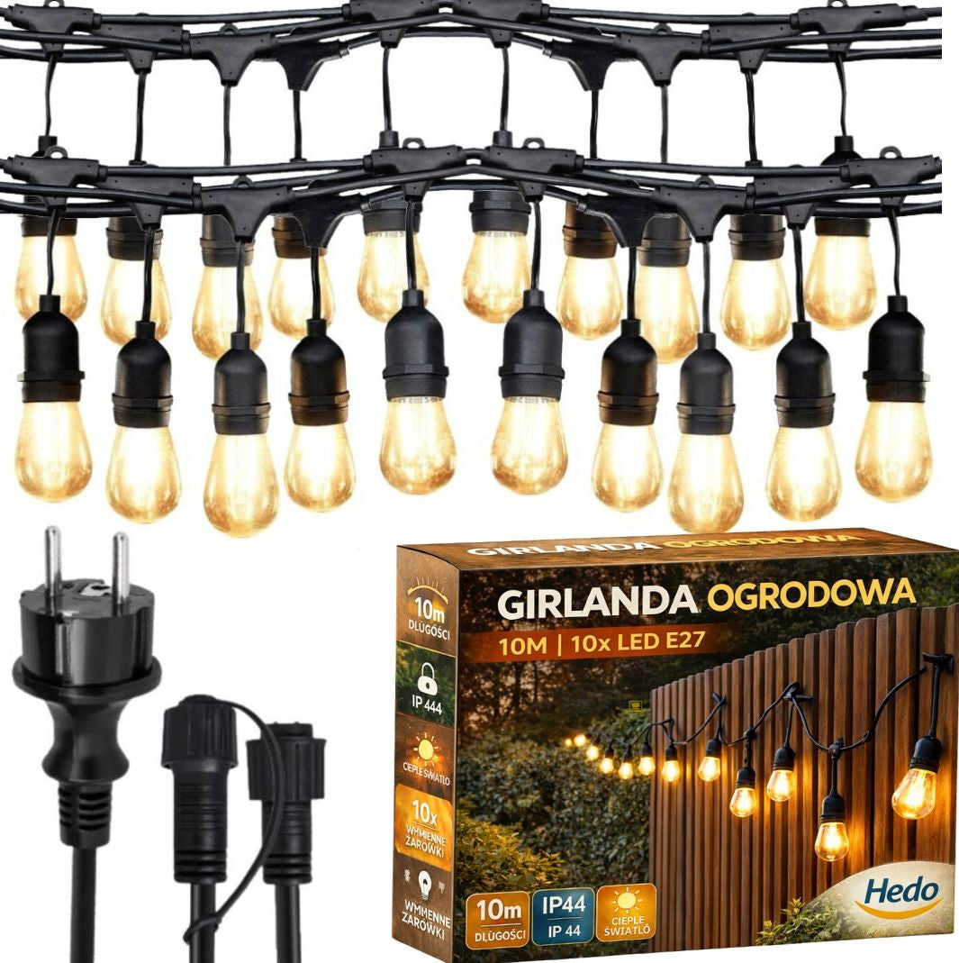 Garten-Lichterkette 10 m mit 10 LED-Leuchtmitteln, netzbetrieben, wasserdicht
