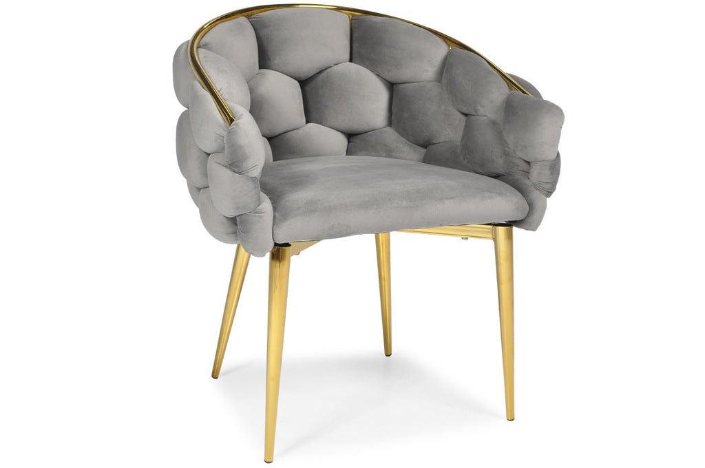 FERTONE BALLOON Samtstuhl, Grau – glamouröse goldene Beine, Schalensitz, für Esszimmer/Wohnzimmer, 70 × 60 ×