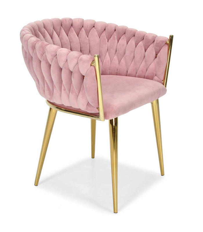 Veloursstuhl Rosa GLAMOUR – goldene Beine, geflochten, modern – Produktabbildung 3