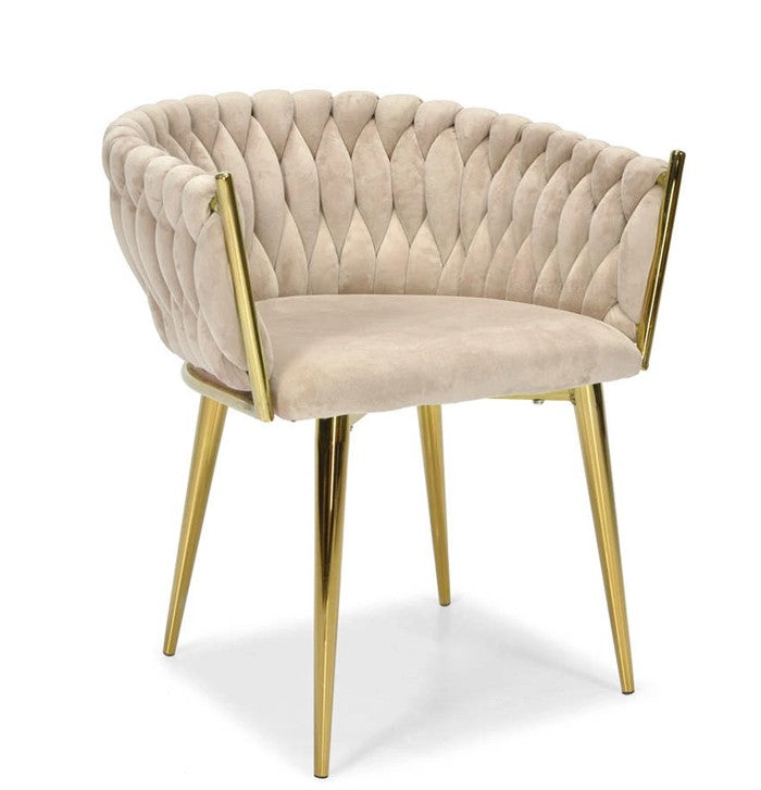Samtstuhl GLAMOUR – BEIGE, goldene Beine, geflochten, modern