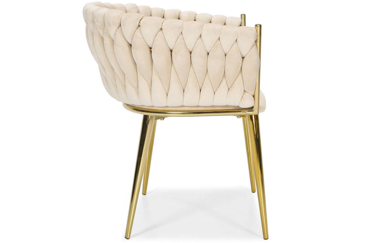 Samtstuhl GLAMOUR – BEIGE, goldene Beine, geflochten, modern – Produktabbildung 3