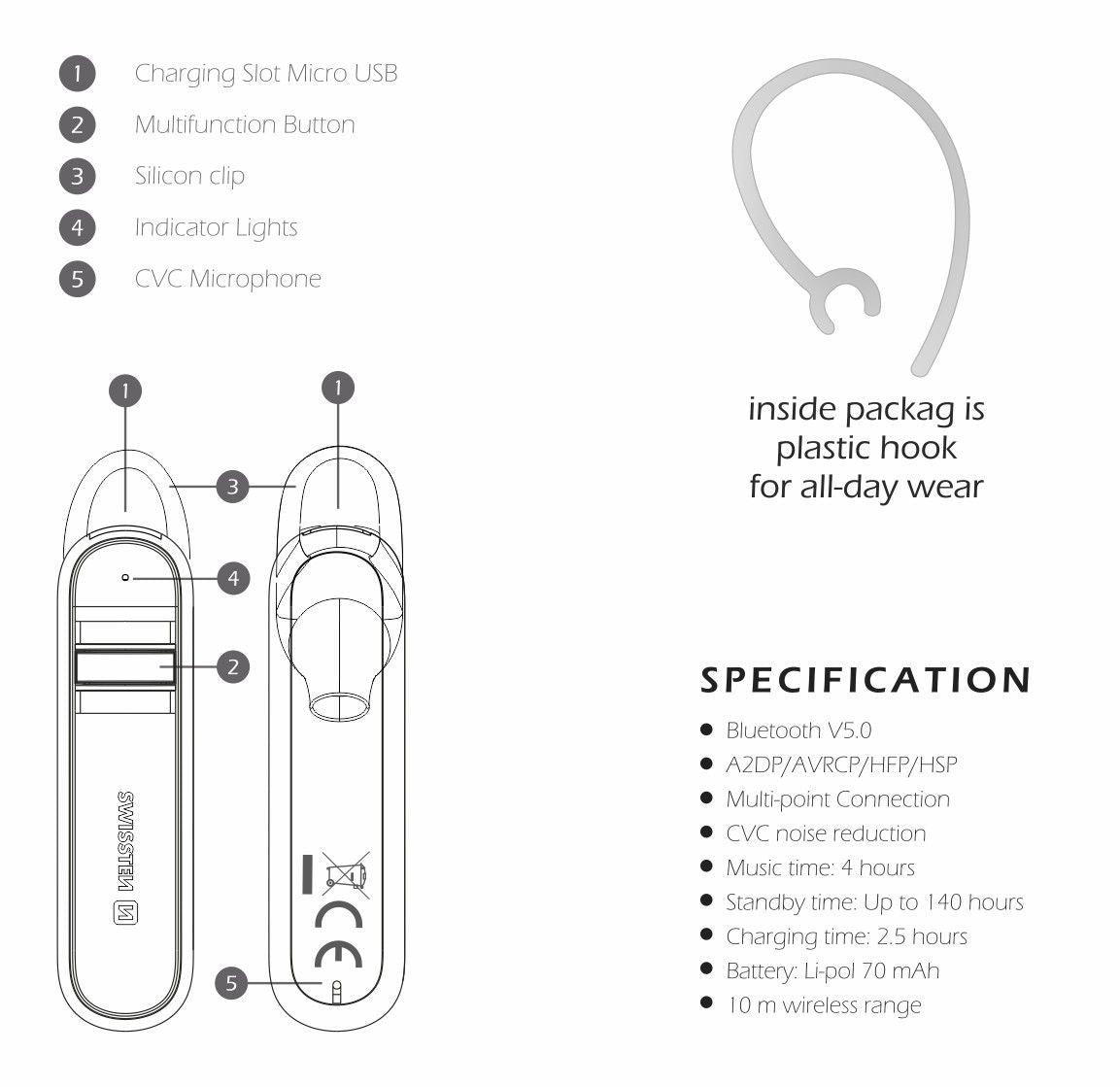 Bluetooth-Headset Swissten Caller – weiß – Produktabbildung 4