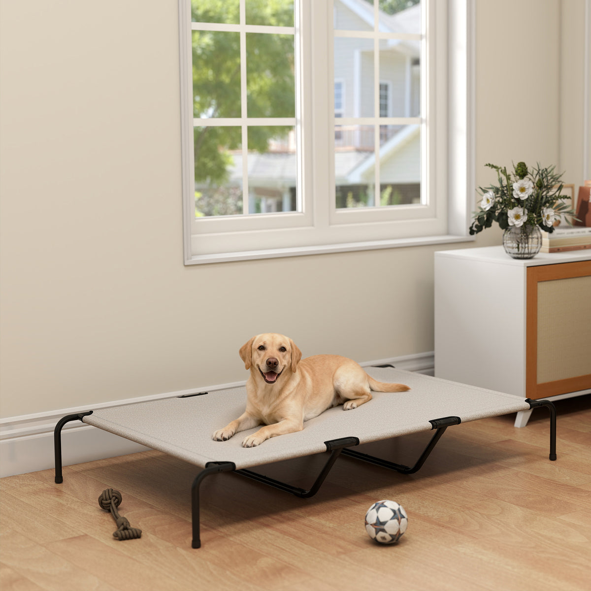 Outdoor Dog Cot, Elevated Dog Bed for Large Dogs, with Steel Frame, Breathable Mesh Fabric, 152x94x23 cm, Beige (7)