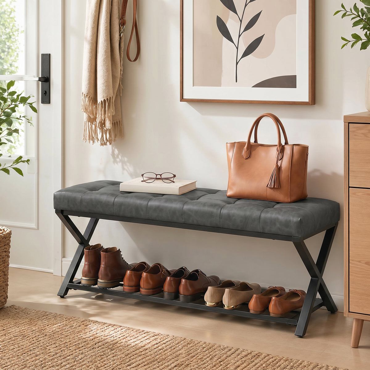 Shoe bench, entryway bench with faux leather cushion, holds up to 220 kg for hallway, entryway, 112 x 37 x 47 cm (2)