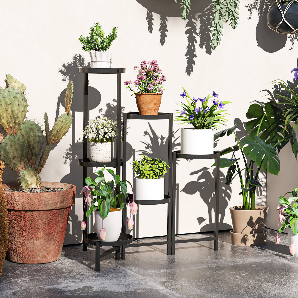 Flower pot stand, plant stand with 6 adjustable round tiers, corner stand for plant pots, metal, black (2)