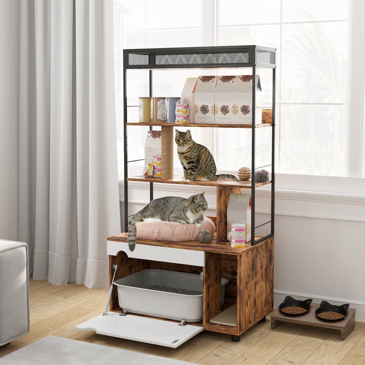 Cat litter box with 3-tier shelf and scratching post, enclosed cat litter box, 80 x 48 x 152 cm, brown (2)