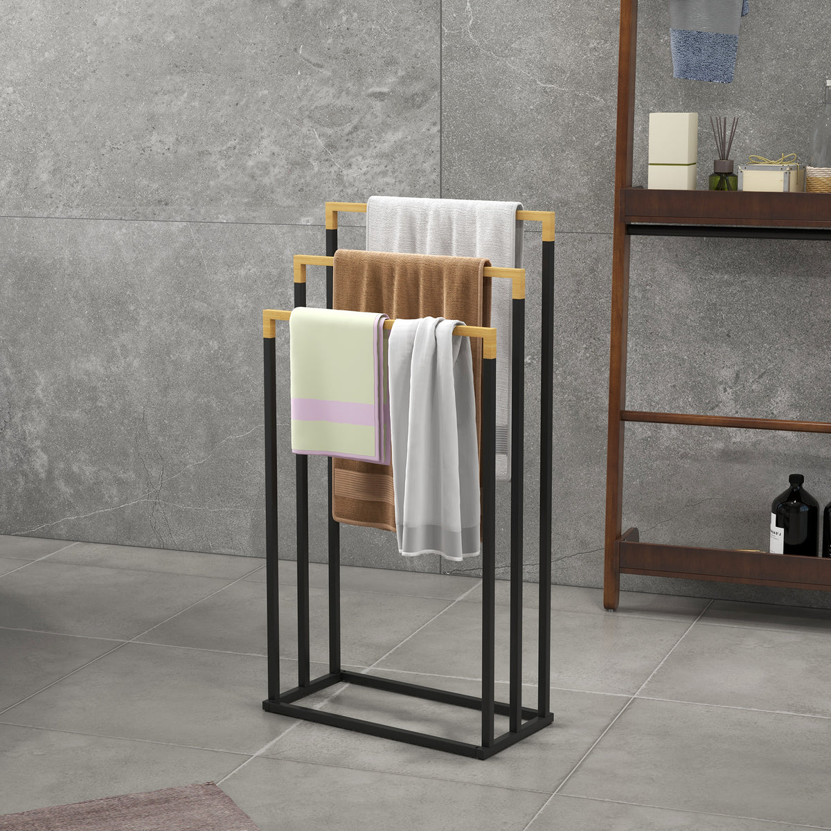 Towel Rack, Towel Holder Set, 3 Towel Bars, Industrial Design, Bamboo, 45 x 22.5 x 86 cm, Black + Natural (2)