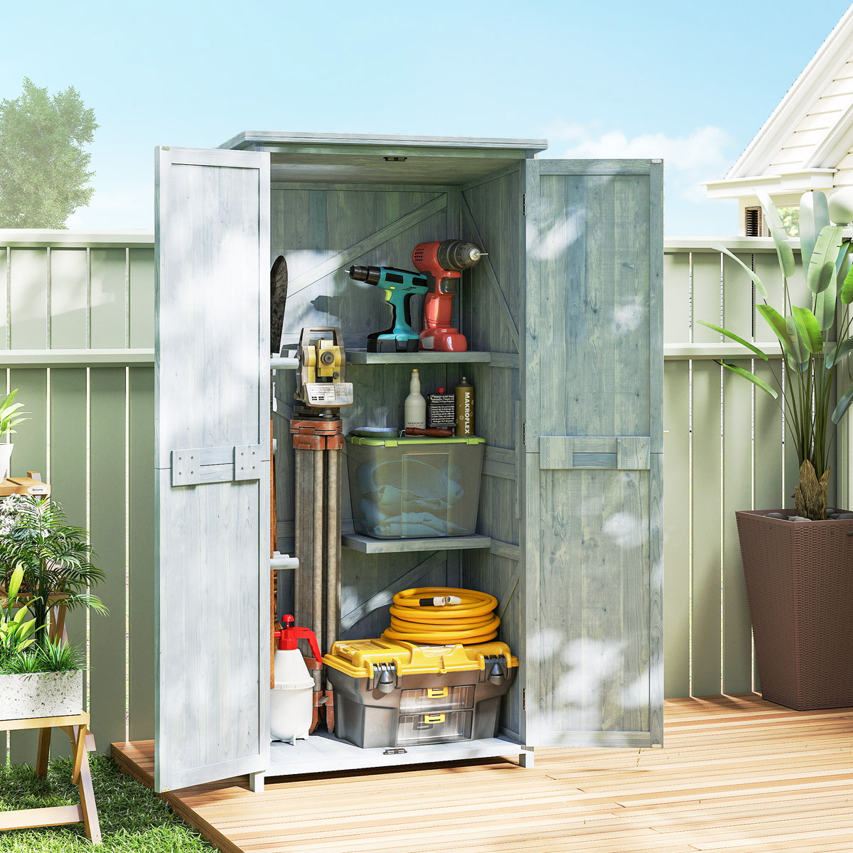 Weatherproof Wooden Garden Cabinet Tool Shed with Double Door Magnetic Closure for Garden Terrace 85 x 54 x 170 (2)