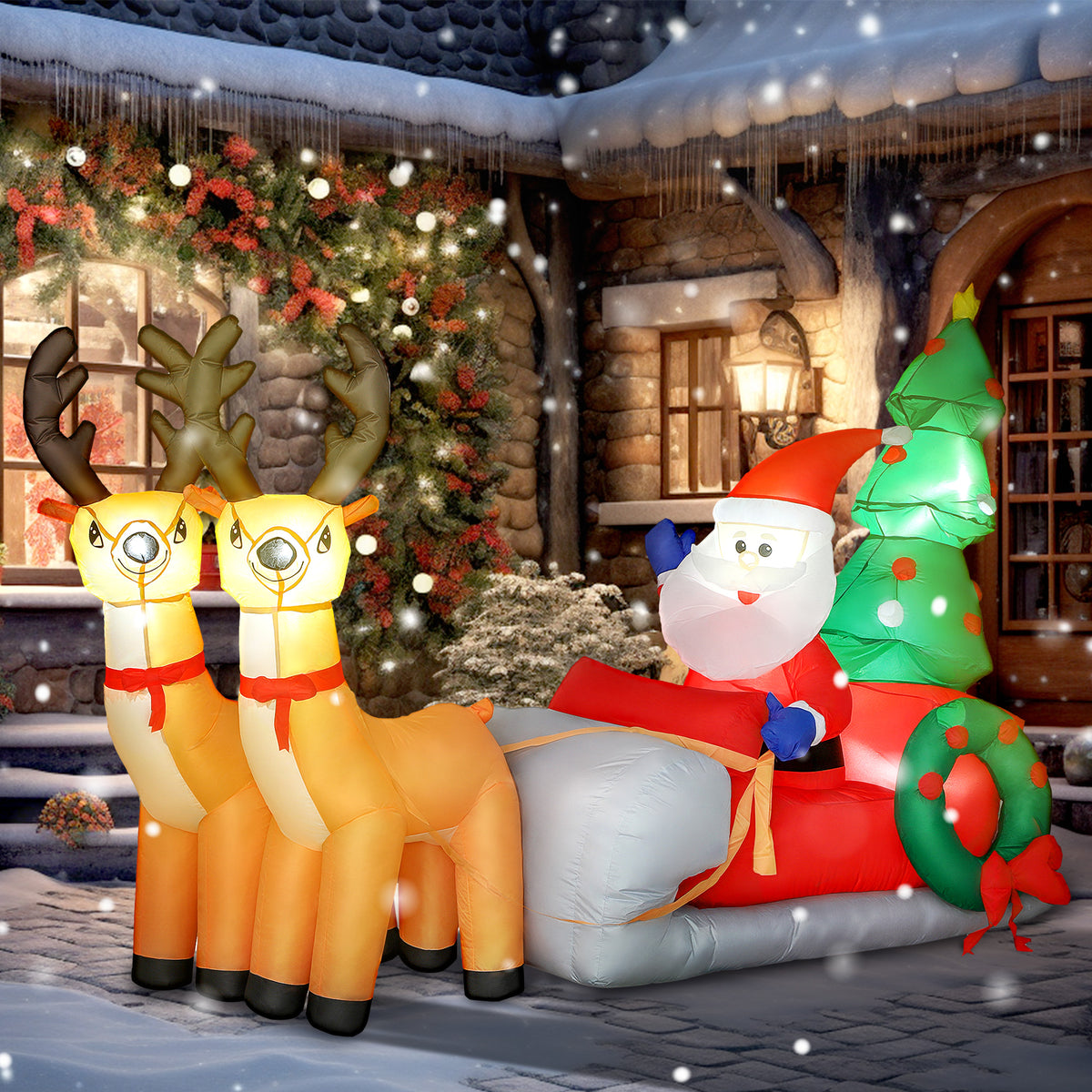 Inflatable Christmas decoration, Santa in reindeer sleigh, polyester fabric, LED lights, colorful (2)