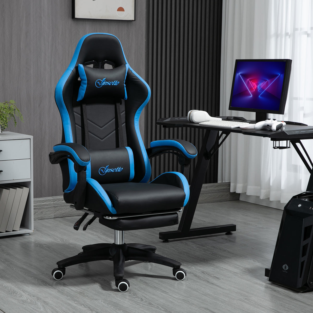 Office chair, gaming chair, 1 headrest, 1 lumbar support, blue + black (2)