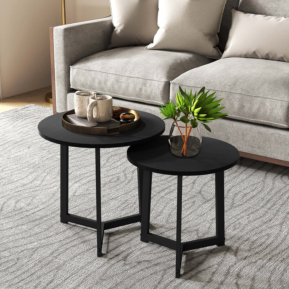 Modern coffee table set of 2, metal frame, MDF, round design, nestable, black (2)