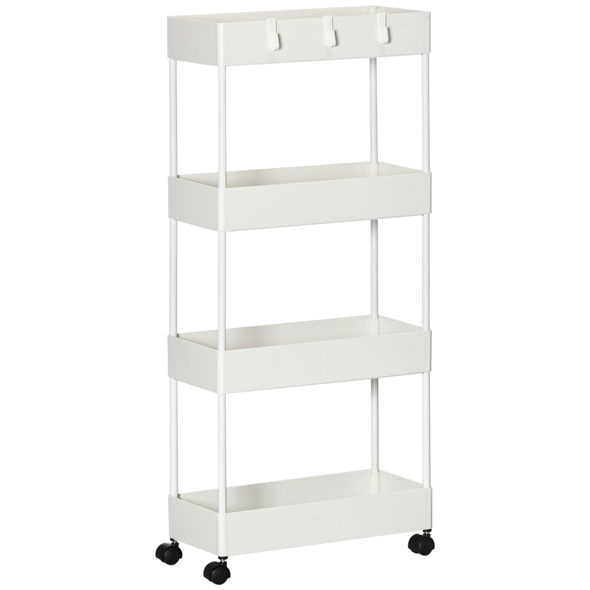 Kitchen trolley with 4 shelves, 4 flexible hooks, 4 wheels, 40 cm x 19 cm x 90 cm, slim storage cart, white